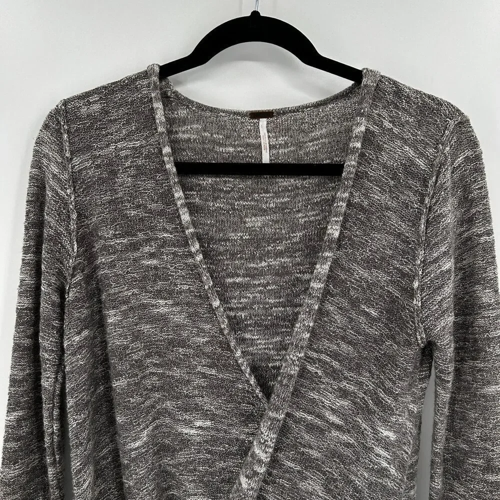 FREE PEOPLE Heather Gray Linen Blend Faux Wrap V-Neck Long Sleeve Top Medium